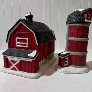 Vtg. Hickory Farms Porcelain Lighted  Barn & Silo Set 1997 No Cords~Snowy Scene - Picture 1 of 10
