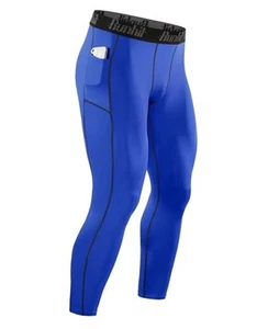 Mens Compression Pants Running Tights Pockets Sports Medium Blue Black Line - Picture 1 of 7