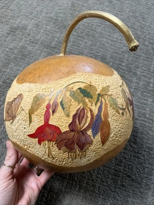 Gourd Art Butterfly Floral Hand Painted Etched 9” Metallic Signed - Image 1 of 4
