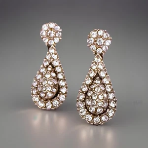 Atwood & Sawyer Vintage Signed Crystal Drop Earrings Gold Plated Antique Jewelry - Picture 1 of 3