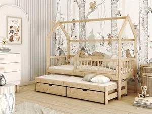 Hausbett Kinderbett PERLE 200x90cm Kiefer Massiv Natur inkl. Zusatzbett - Bild 1 von 3