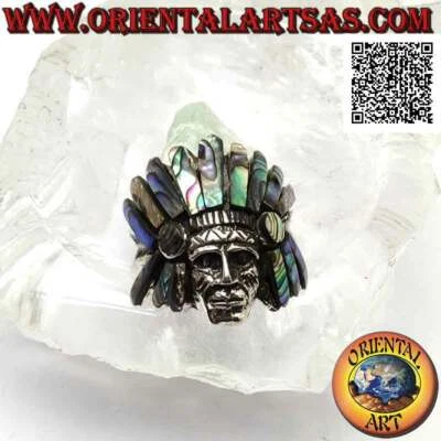 Anello in Argento 925‰ testa del saggio Indiano nativo d'America con copricapo d - Immagine 1 di 4