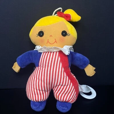 Girl Plush Doll Pull Ring Red Stripes Blonde Hair Crib Baby Toy Musical Lullaby - Image 1 of 4