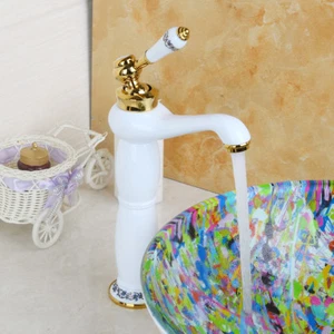 Grifos mezcladores de lavabo de mango único y orificio montados en cubierta de grifo de baño blanco - Imagen 1 de 8