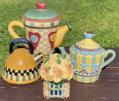 4pc Sakura Debbie Mumm Watering Can Timer Cream Salt Pepper Kettle Boston - Image 1 of 4