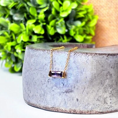 14k Gold Amethyst Necklace – February Birthstone Jewelry – Minimalist Dainty Rec - Image 1 of 4