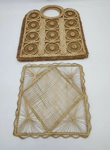 Vintage Woven Wicker Rattan Straw Handbag Tote Purse Bag Basket Two-Tone Boho - Picture 1 of 8