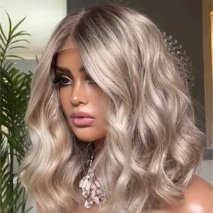 Ombre Golden Platinum Short Wavy 13x4 Lace Front Wigs Human Hair Wigs 180% Full  - Picture 1 of 7