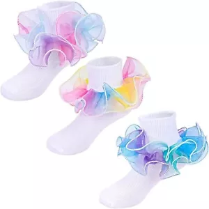 3 Pairs Toddler Girls Big Ruffle Rainbow Socks Double Layer Lace Trim  Turn Cuff - Picture 1 of 3