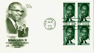 Malcolm X - Artcraft First Day of Issue -Jan 20, 1999 Black Heritage Stamp Block - Picture 1 of 1