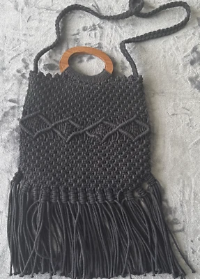 Danielle Nicole Black Macrame Crochet Fringe Cross Body Boho Bag Purse 70’s - Image 1 of 4