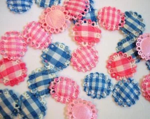 60 Assorted Pink & Blue Small Gingham Check Flower Applique/trim/fabric/bow H285 - Picture 1 of 2