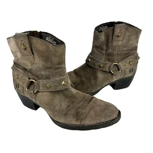 Born 9.5 Laila Taupe Suede Leather Studded Western Zip Up Block Heel Ankle Boots - Picture 1 of 12