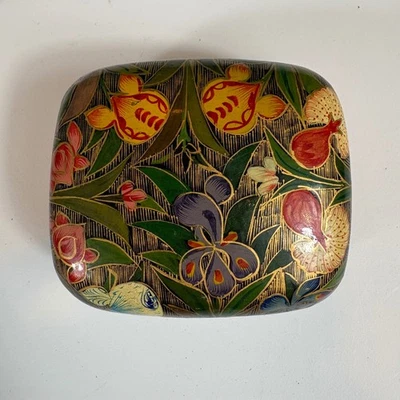 Handmade Vintage Kashmir Paper Mache Jewelry Trinket Box Floral Fish Design - Image 1 of 4