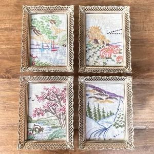 4 Vintage MCM Gold Filigran Metall Bilderrahmen mit Crewel Bestickt Jahreszeiten - Bild 1 von 13