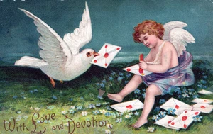 VALENTINE'S DAY - Dove And Cupid and Wax Seals On Letters Postcard - udb - Picture 1 of 2