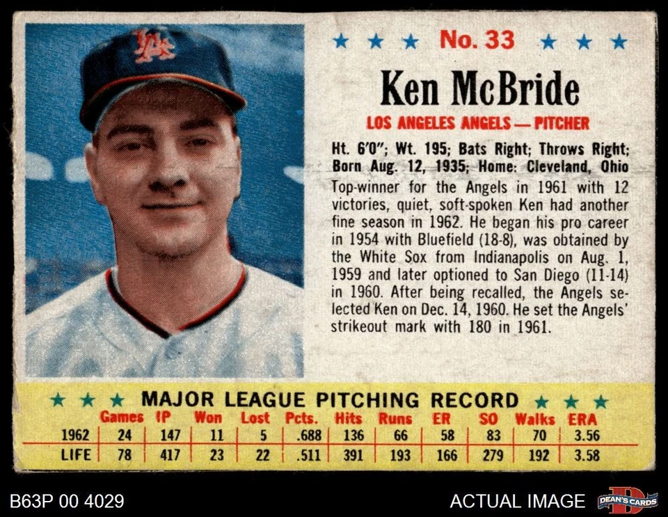 1963 Post Cereal #33 Ken McBride Angels 4 - VG/EX - Image 1 of 1