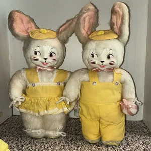 Juego/2 conejitos de Pascua grandes de colección niño y niña. Cara de plástico. Rushton? 17 pulgadas - Imagen 1 de 17