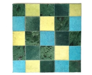 SURYA Hair on Hide Leather Small Mat Hand Crafted India Emerald Aqua 18” x 18” - Picture 1 of 6