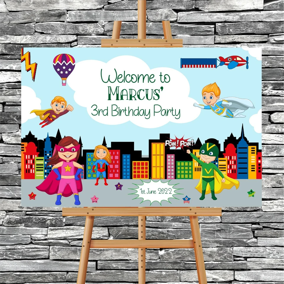 Letrero de bienvenida de fiesta de cumpleaños de superhéroes PERSONALIZADO, fiesta superhéroe en la ciudad Foto 1 de 1