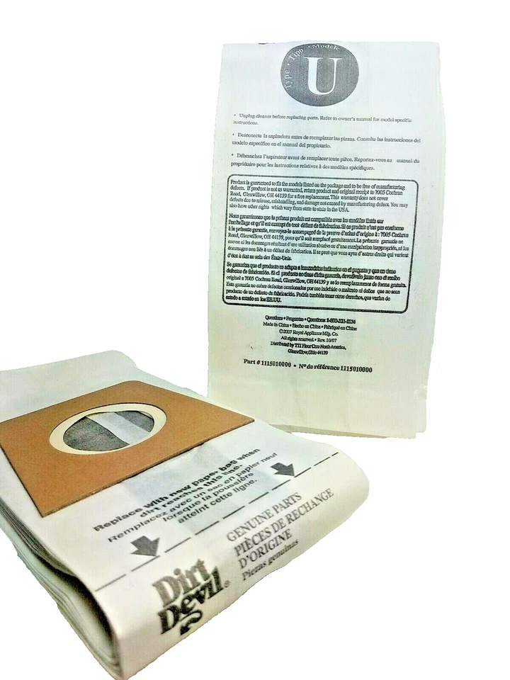 Genuine Dirt Devil Type U ~ Vacuum Bags ~ 4 Count ~ Loose - Image 1 of 1