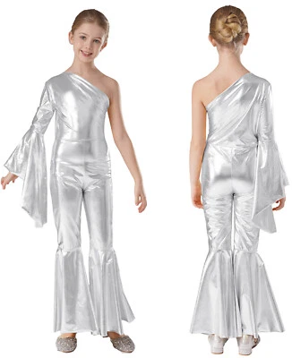 Kids Girls Disco Costume Shiny Sequins Dance Jumpsuit Long Bell-bottom Unitard - Image 1 of 4