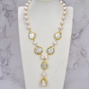 Cultured White Coin Pearl Potato Pearl Y-shape Pendant Necklace Keshi Pearl - Picture 1 of 6