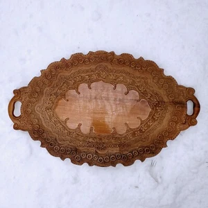Antique Hand Carved Flowers Wood Rare Oval Tray Italian Style - Picture 1 of 10