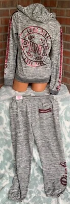 Victorias Secret 粉色拉链连帽衫和校园裤子亮片闪亮尺寸 M/S 混色灰色 — 第 1/3 张图片