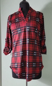St. Jubileens Women Roll-Up 3/4 Sleeve Plaid Shirt Tunic V Neck Casual (Small) - Picture 1 of 9