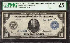 1914 $10 FEDERAL RESERVE STAR NOTE FR.942* KANSAS CITY PMG VF 25 VERY FINE (336* - Picture 1 of 2