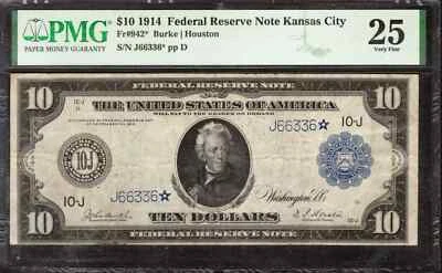 1914 $10 FEDERAL RESERVE STAR NOTE FR.942* KANSAS CITY PMG VF 25 VERY FINE (336* - Image 1 of 2