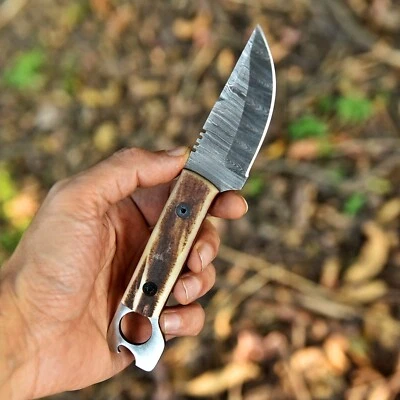 Cuchillo EDC de caza de acero Damasco forjado a mano personalizado de 7,6" hoja fija con funda Foto 1 de 4
