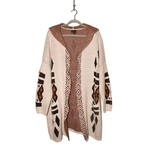 SHYANNE $80 Aztec Print Open Hooded Duster Cardigan Pockets Ivory Black XL - Picture 1 of 3