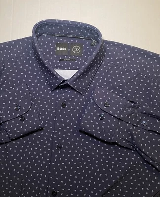 Hugo Boss Geometric Button Up Shirt Men Large Navy Slim Fit Performance Stretch - Image 1 of 4