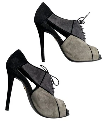 Botín de plataforma Roger Vivier de gamuza recortada punta abierta talla 37,5 gris negro EE. UU. 7-7,5 Foto 1 de 4