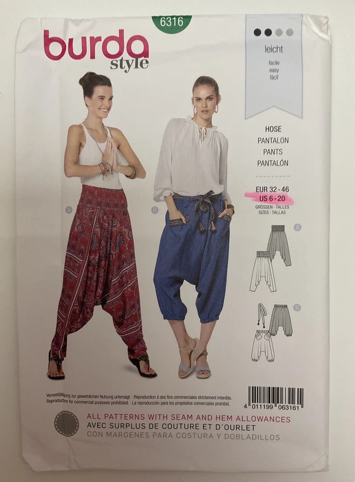 RARE Burda 6316 HAREM Pants in 2 Lengths Sz 6-20 Uncut Sewing Pattern Easy