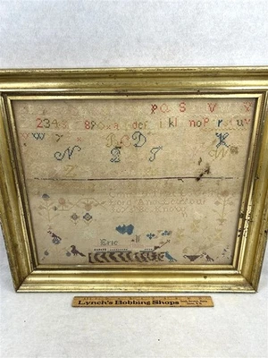 antique sampler framed lemon gold Christian & steam boat Erie 22x19x2 mid 1800s - Image 1 of 4