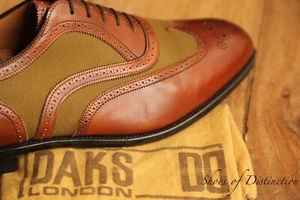 Edward Green Tan Brown Leather Green Canvas Oxford Brogue Shoes Men's UK 10 F - Picture 1 of 12
