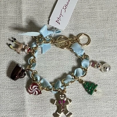 Betsey Johnson Gold Tone Blue Holiday Winter Charm Bracelet Snowman Deer Cocoa - Image 1 of 4