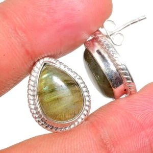 Fire Labradorite Gemstone 925 Sterling Silver Jewelry Stud Earring Sz 0.75" - Picture 1 of 1