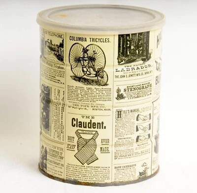Vintage Folgers Coffee Tin Can Newspaper Ads Repro Early Mercantile Offering Lid - Image 1 of 4