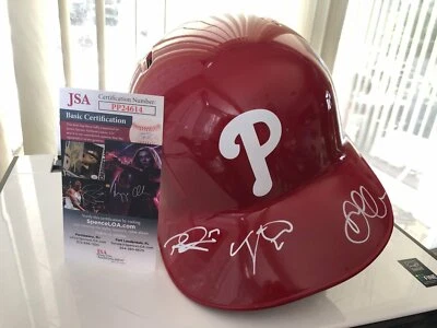 PHILLIES HOSKINS SEGURA & DIDI SIGNED FULL SIZE REPLICA BATTING HELMET W JSA - Image 1 of 4