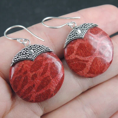 Orecchini rotondi in argento sterling 925 corallo rosso naturale gioielli fat... - Immagine 1 di 4