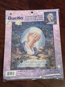 Vintage Bucilla Counted Cross Stitch Kit Matthew 26:39 Praying Hands #42858 New - Picture 1 of 4