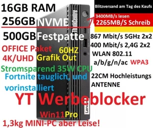 Stromspar MiniPC Lenovo 4K UHD i5-10400T 6C/12T 16GB Ram 256GB+500GB Win11 Wifi - Bild 1 von 23