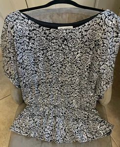 J R Nites by Carol Lin Women’s Black Lace Sequin Blouse - Size Large - Elegant - Picture 1 of 3