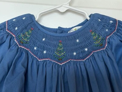 Petit Pomme 4t Smocked Christmas Tree Holiday Dress Blue Long Sleeve TINY STAINS - Image 1 of 4