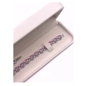 "White Gold Finish Round Cut Pink Tourmaline Created Diamond Bracelet - Picture 1 of 5
