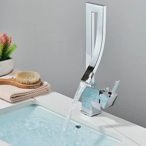 Chrome Bathroom Sink Faucet 1 Hole Waterfall Vanity Mixer Faucet Taps 1 Handle - Picture 1 of 10